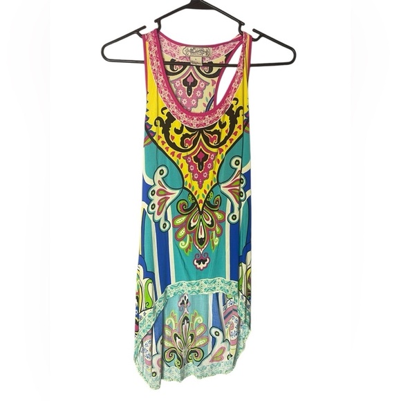 Flying Tomato Tank Top Size S Boho High Low Racerback Bright Festival Print - Picture 1 of 5